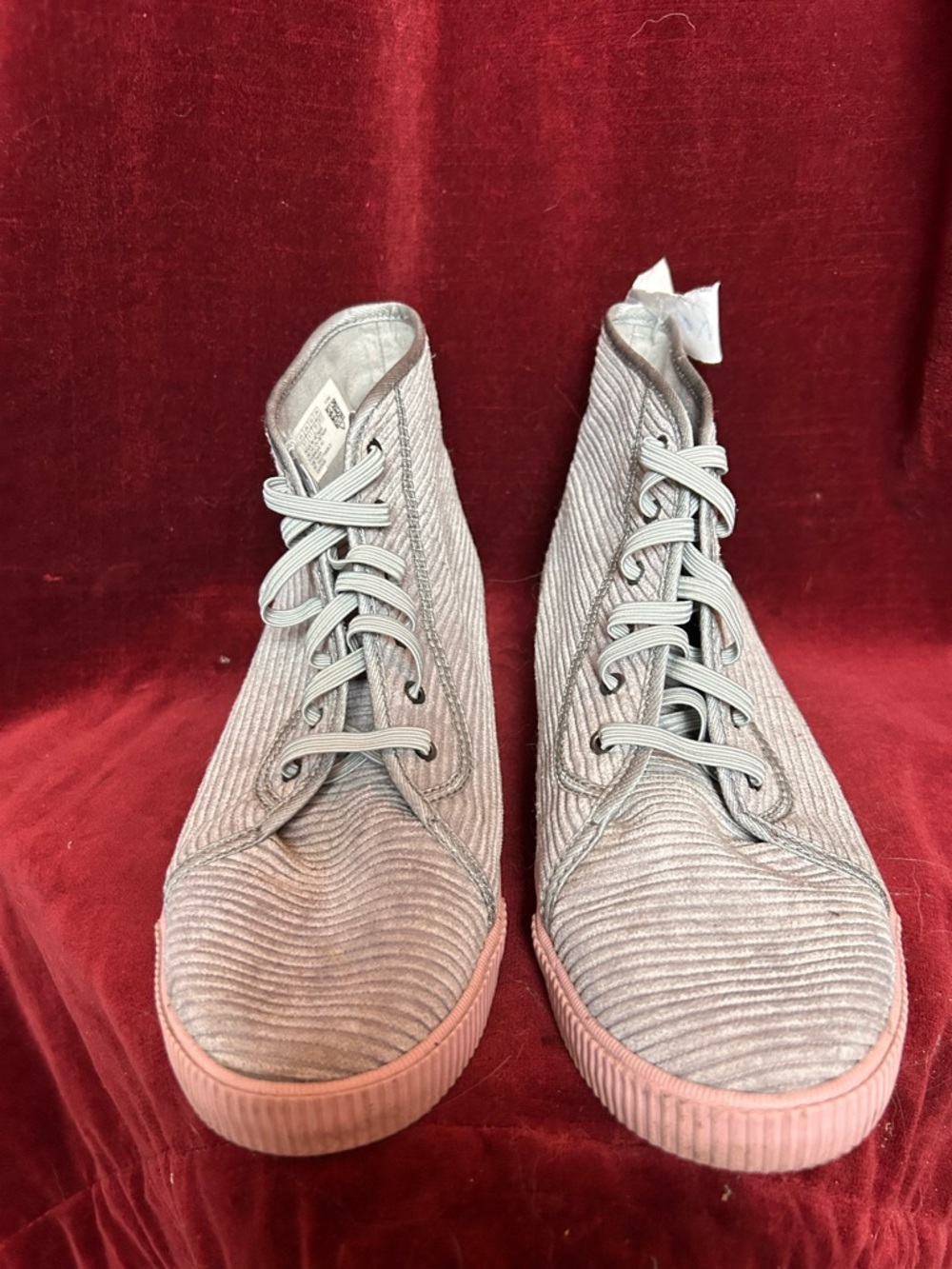 Toms Women's High-Top Corduroy Sneakers in Light Gray with Pink Sole